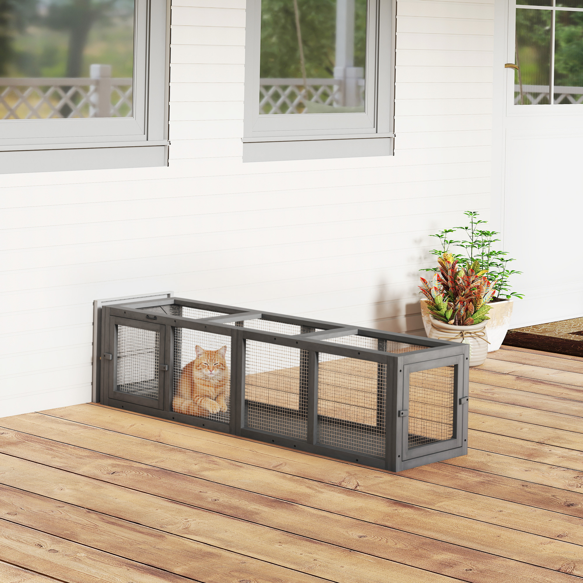 Outdoor Cat Tunnel, 59" Wooden Play Cat Enclosure, Extendable Pet Run With 3 Doors For Kitty, Puppy, Gray — image 1