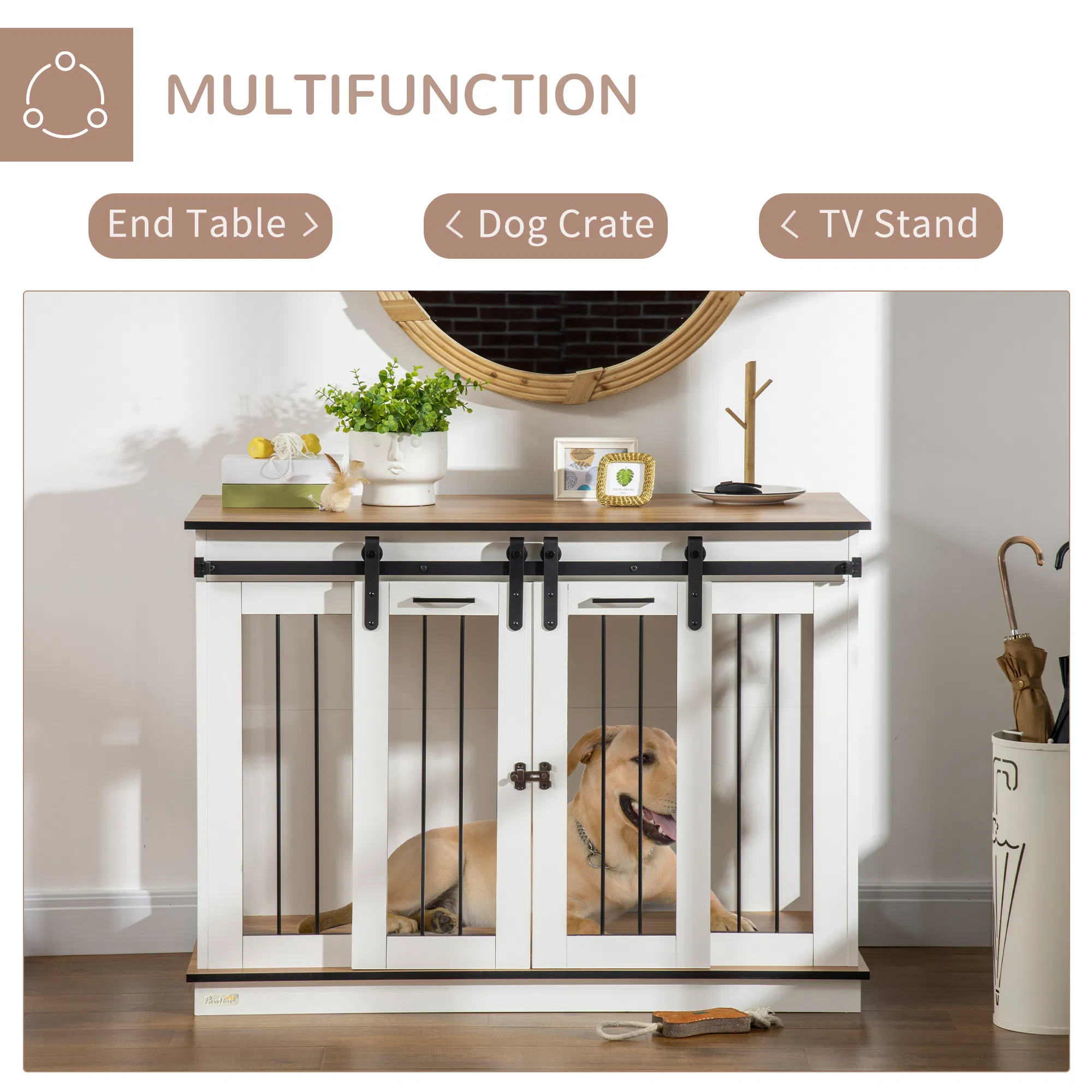 Dog Crate Furniture with Divider Panel, Wooden Dog Kennel TV Stand for Large Breeds, Pet House Side Table for 2 Small Breeds with 2 Rooms Design, 2 Sliding Doors, White — image 3