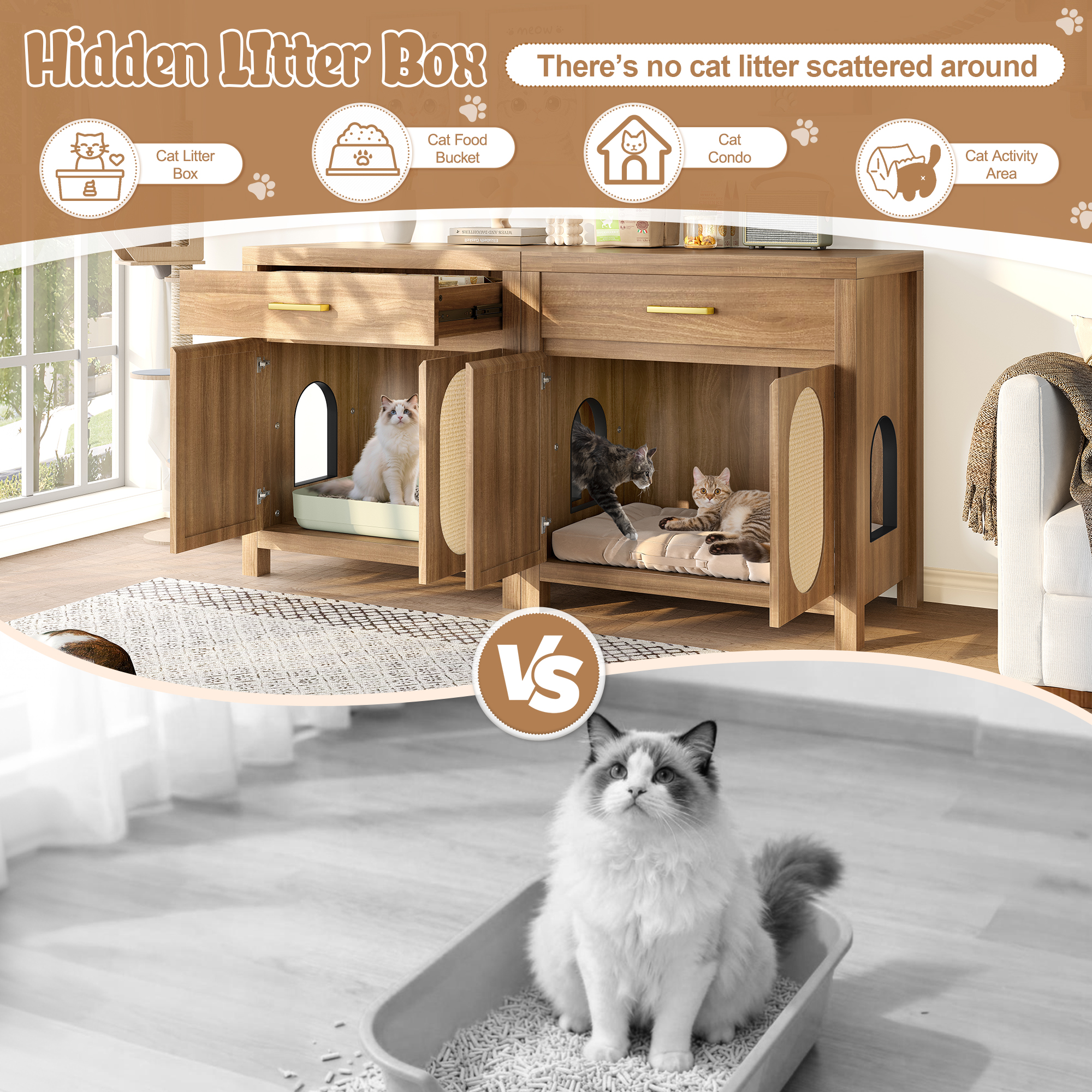 Cat Litter Box Enclosure, Hidden Cat Litter Box Furniture With Scratching Board Doors And Storage Drawer, Wooden Washroom Cat House Table Nightstand Box Cabinet, Espresso — image 6