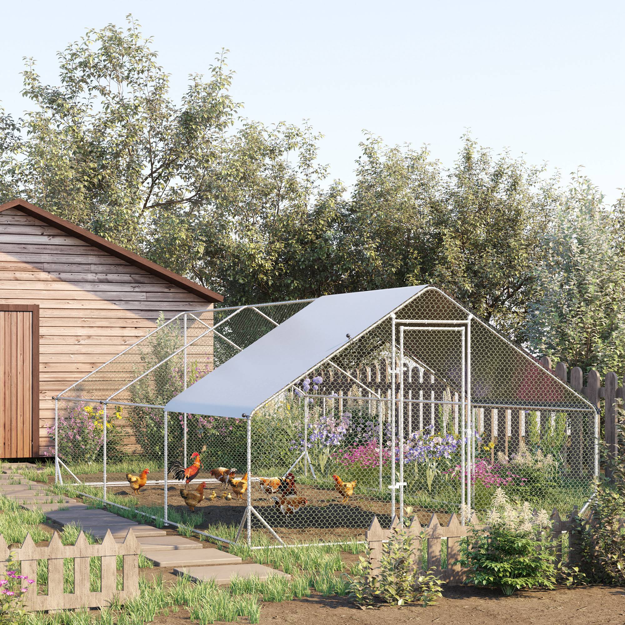 PawHut Large Chicken Coop Metal Chicken Run With Waterproof And Anti-UV Cover, Spire Shaped Walk In Fence Cage Hen House For Outdoor And Yard Farm Use, 1 Tube Diameter, 9.8 X 19.7'X 6.6 — imagen 3