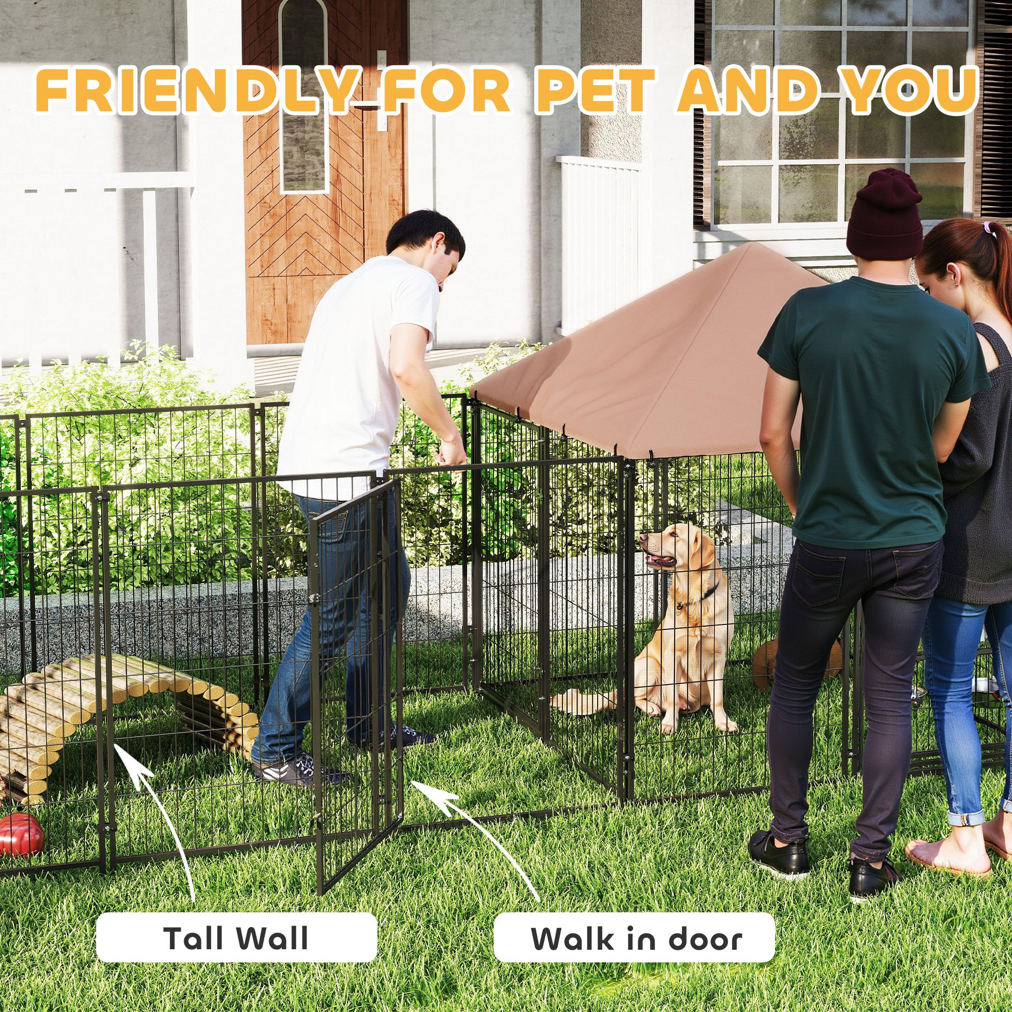 Large Outdoor Dog Kennel with Rotating & Adjustable Height Bowls, Waterproof & UV-Resistant Canopy, 11.3' x 4.7' x 5.1' — image 2