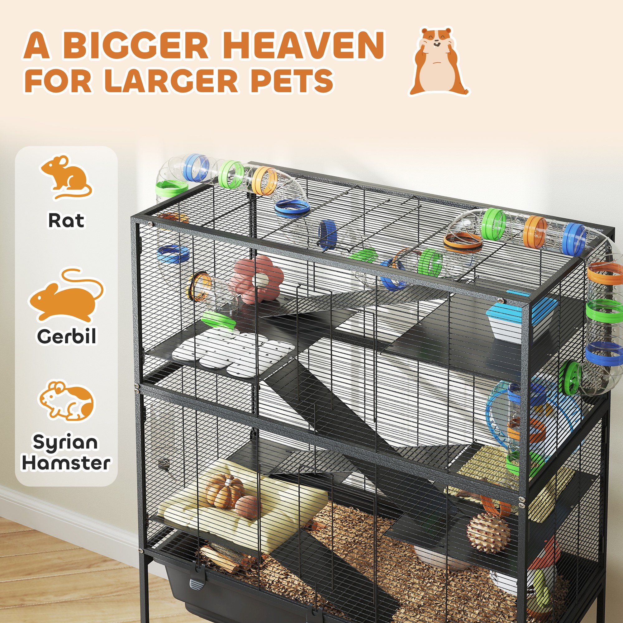 5 Tier Hamster Cage, Rolling Rat Cage With Deep Tray, Storage Shelf, Big Exercise Wheel, Hut, Tube System — image 3