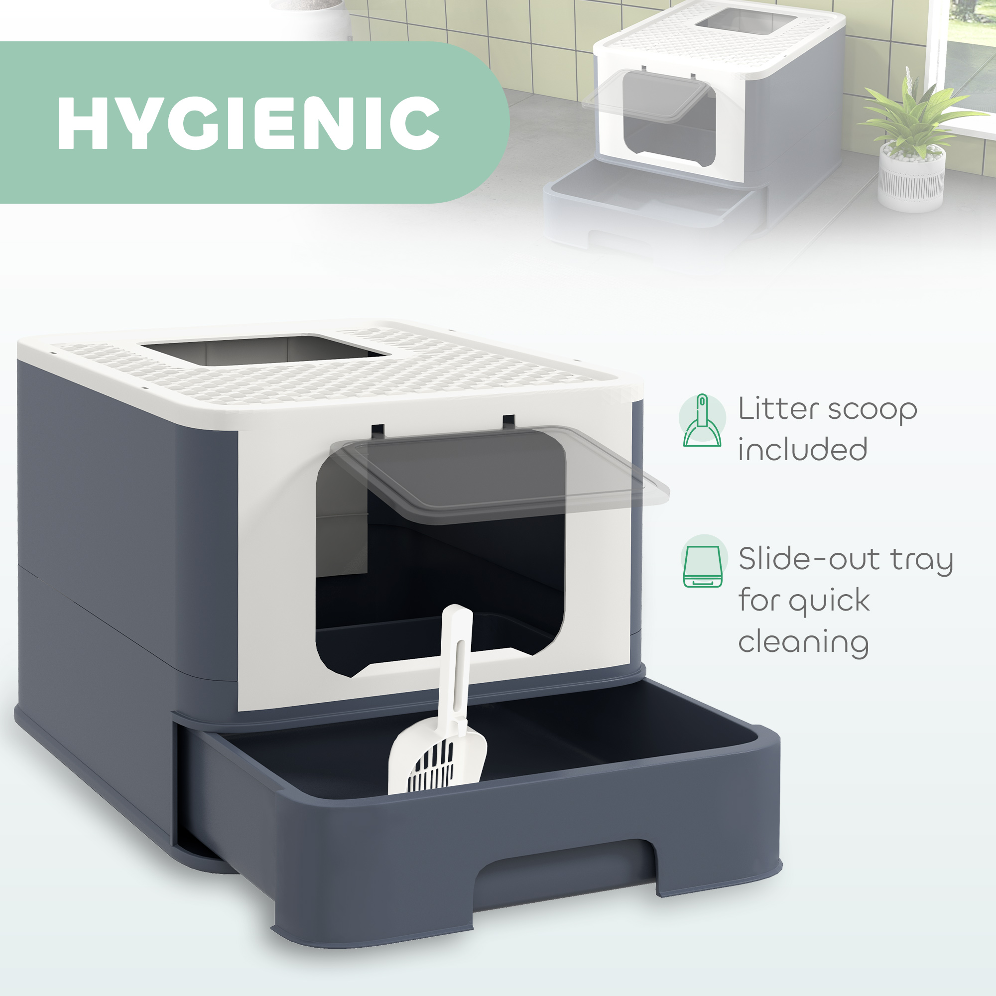 Caja de Arena para Gatos con Tapadera, Cuchara y Acceso Frente y Superior para Gatos Grandes, Blanco — imagen 2