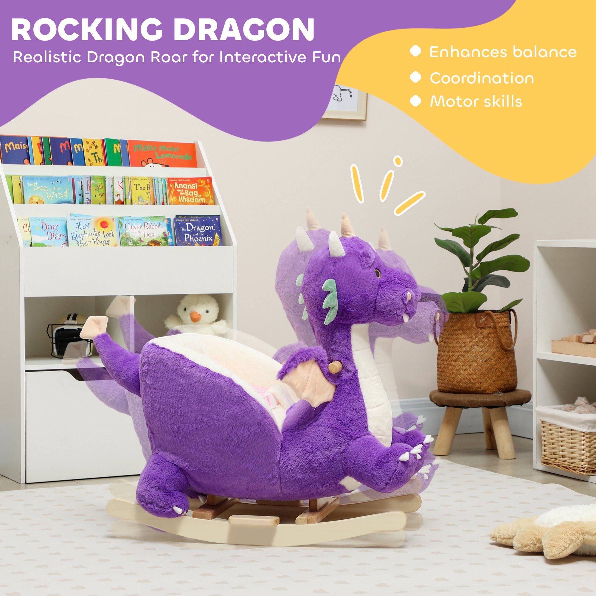 Caballito Mecedor para Bebé, Juguete para Montar con Rugido Realista de Dragón y Cinturón de Seguridad, para Niños de 18 a 36 Meses, Morado — imagen 2