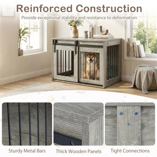 Jaula-Mueble para Perro de 31.5" con Puerta Corrediza Estilo Granero, Mesa Auxiliar/Casa para Perro de Madera para Interiores - Gris — imagen 5