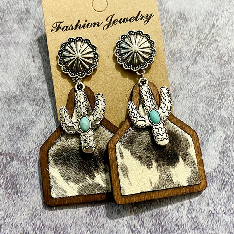 Vintage Western Earrings Bohemian Genuine Leather Cowhide Horse Hair Cow Brand Fashion Panel Earrings — image 12