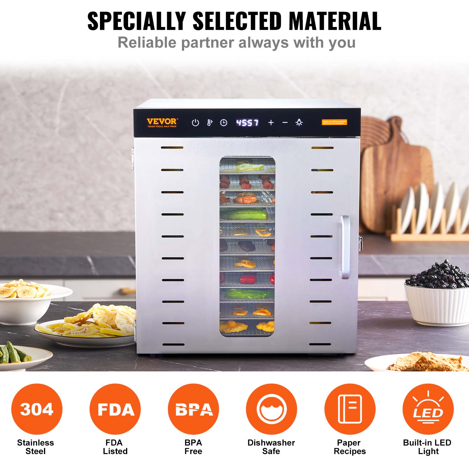 VEVOR Food Dehydrator Machine, 10 Stainless Steel Trays, 1000W Electric Food Dryer With Digital Adjustable Timer & Temperature For Jerky, Herb, Meat, Beef, Fruit, Dog Treats And Vegetables — image 4