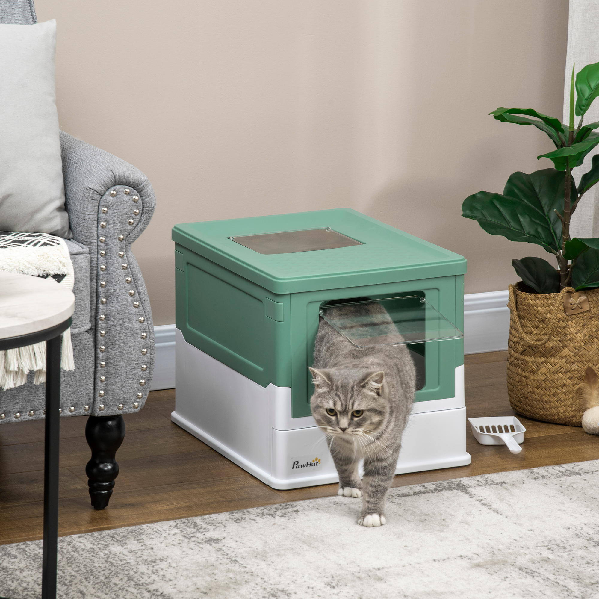 Caja de Arena para Gatos Sellada con Entrada en Frente y Salida por el Techo, Plástico, Verde y Blanco — imagen 5
