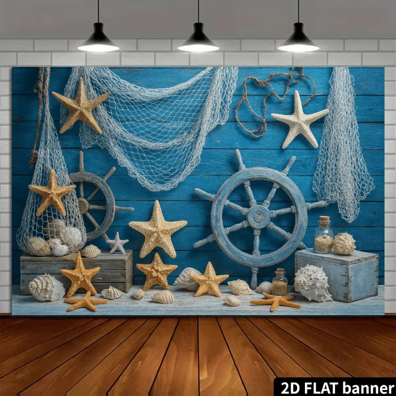 Tapiz de Pared con Temática Náutica 2D, Estandarte Plano 2D, Concha de Mar, Estrella de Mar, Timón de Barco, Decoración Oceánica, Casa de Playa, Sala de Estar — imagen 4