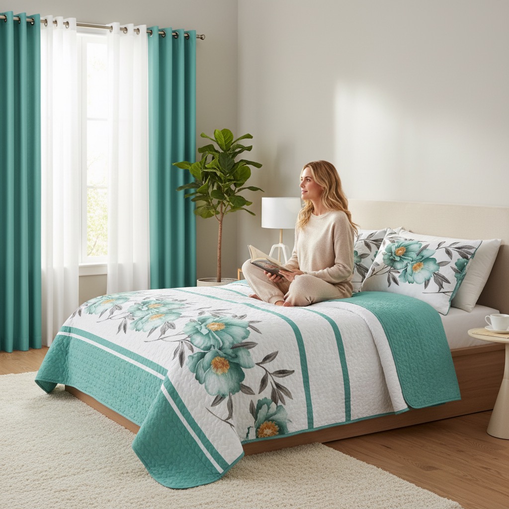 Juego de Edredón y Cortinas Room In A Bag de 9 Piezas, Colcha Gruesa con Estampado Floral Botánico Turquesa de Diseñador de EE. UU. con 6 Paneles de Cortina Personalizables, Cubrecama de Alto GSM Apto para Mascotas — imagen 2