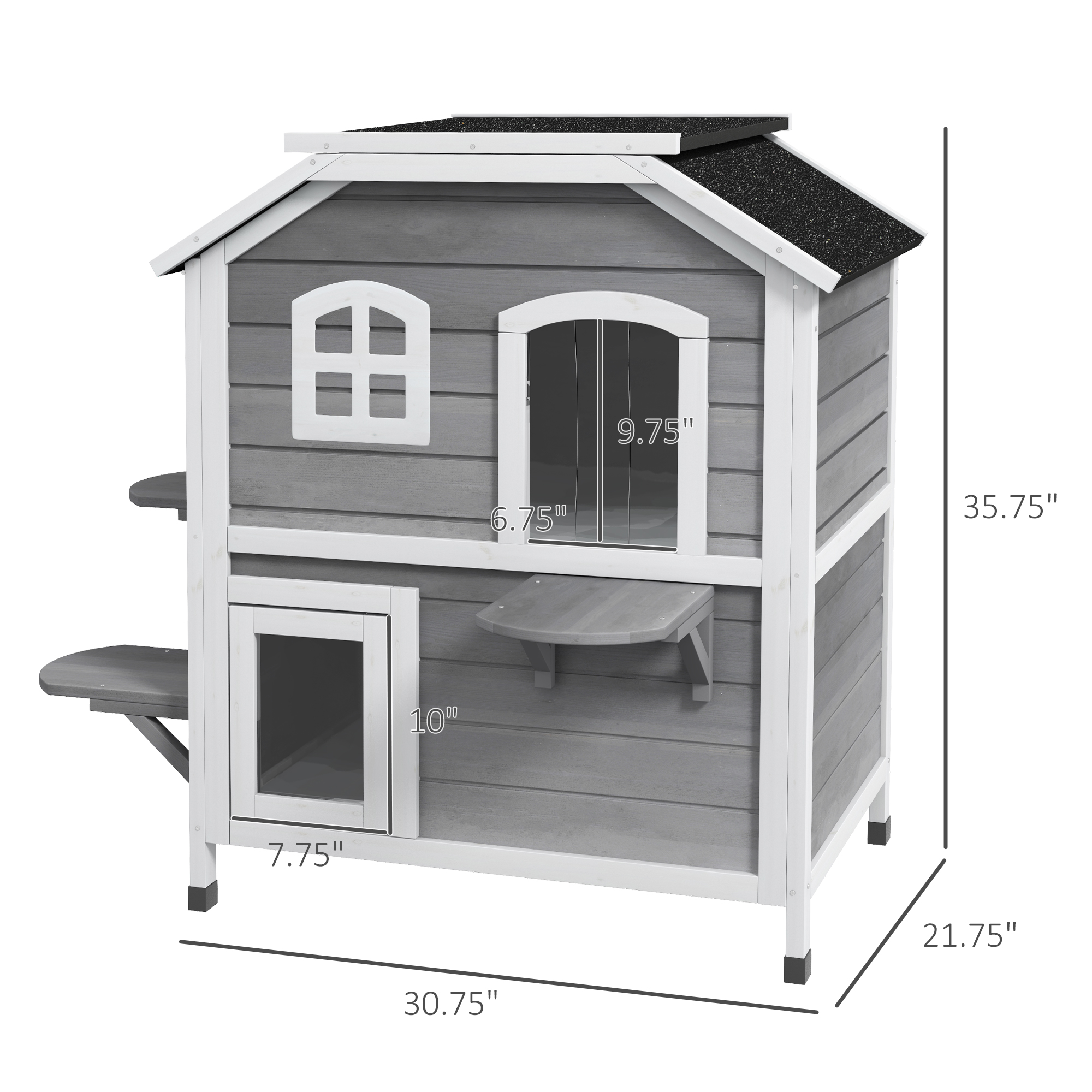 Casa Para Gatos Exterior de 2 Pisos, Recinto de Madera Resistente a la Intemperie Para Gatos Callejeros Con Puerta de Escape, Techo Abatible y Plataformas Para Saltar, Gris — imagen 6