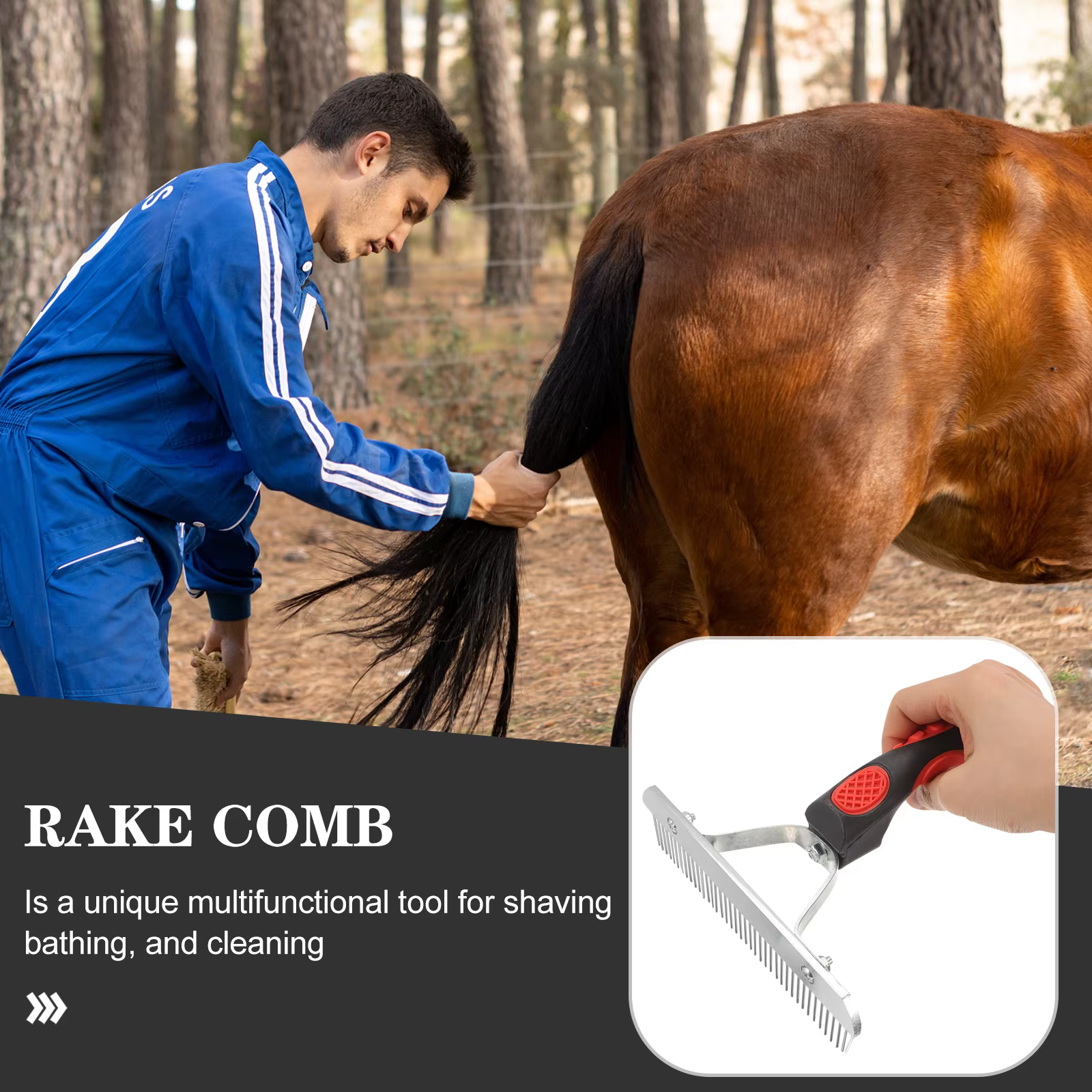 Pulidor de Caballos con Manija de Goma y Púas Metálicas Antirroer, Herramienta para Reducir Pérdida de Pelaje y Eliminar Barro en Ganado Equino — imagen 2