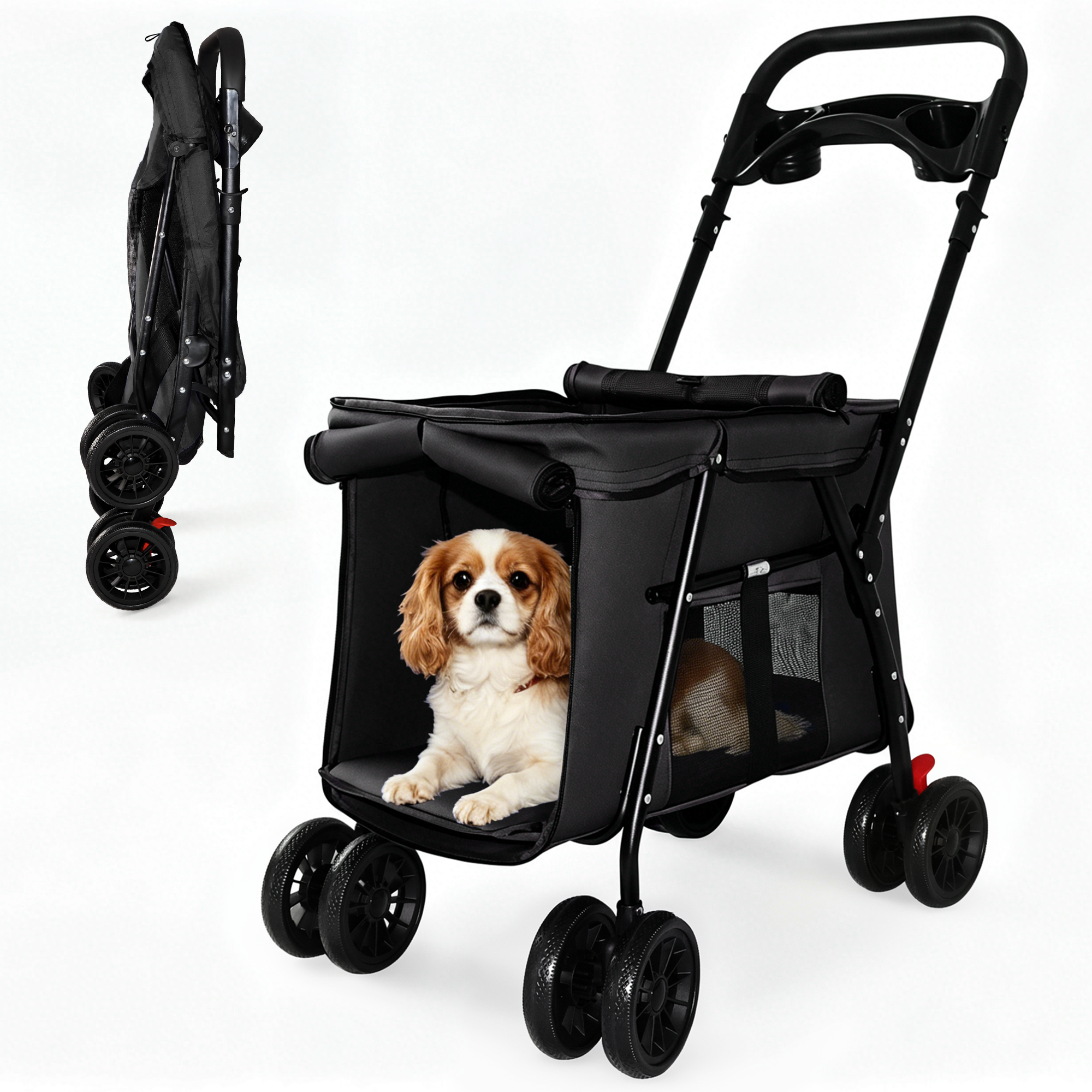 Carril de Mascotas Plegable 4-Ruedas, Malla Respirable para Perros y Gatos con Ruedas de Choque, Sistema de Freno, Plataforma de Almacenamiento, 2 Correas de Seguridad Fijas, Espacio Amplio para Pequeños a Medianos Animales, Negro — imagen 18