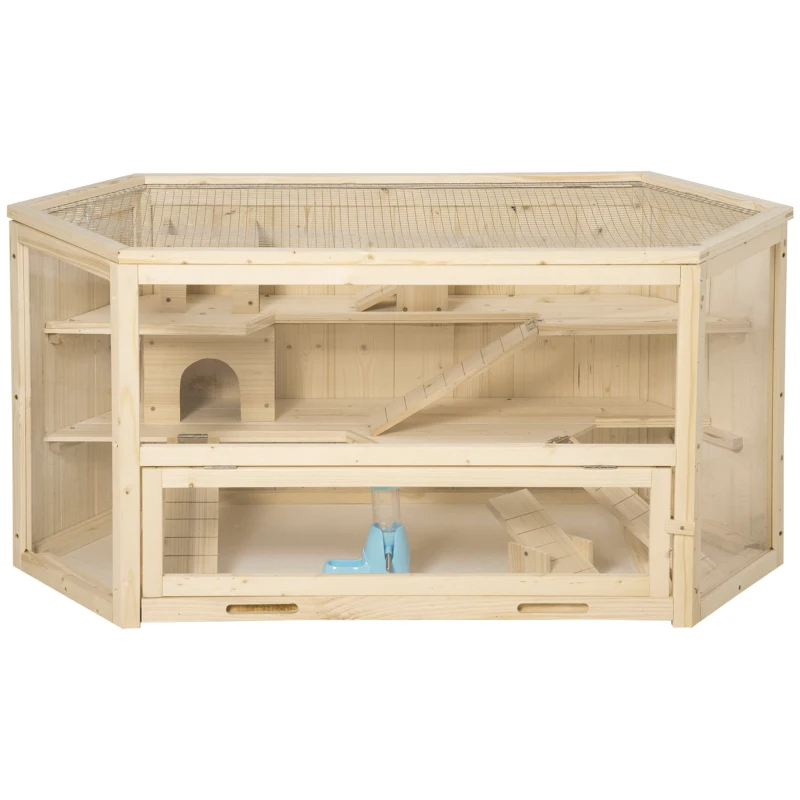 Wooden Large Hamster Cage Small Animal Exercise Play House 3 Tier With Tray, Seesaws, Water Bottle, Activity Center, Natural — image 10