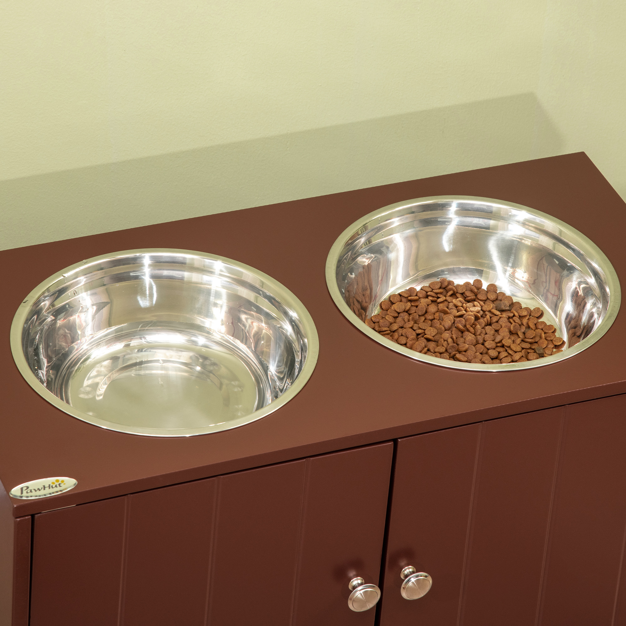 Comedor para Perros Elevado con Almacenamiento, Estación de Comida para Mascotas, Madera y Acero Inoxidable, Marrón — imagen 6