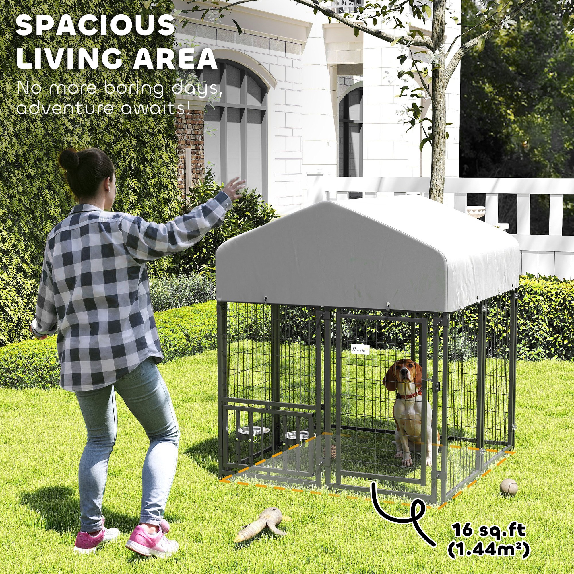 Welded Wire Outdoor Dog Kennel With 360° Rotating & 4 Levels Adjustable Bowls, Waterproof Cover, 3.9' X 3.9' X 4.5' — image 2