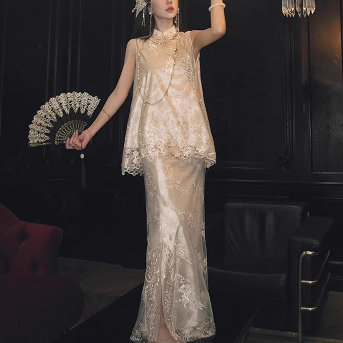 New Chinese Style Heavy Lace Beaded Embroidered Slant Collar Vest + Fish Tail Skirt Embroidered Traditional Costume Set — image 1
