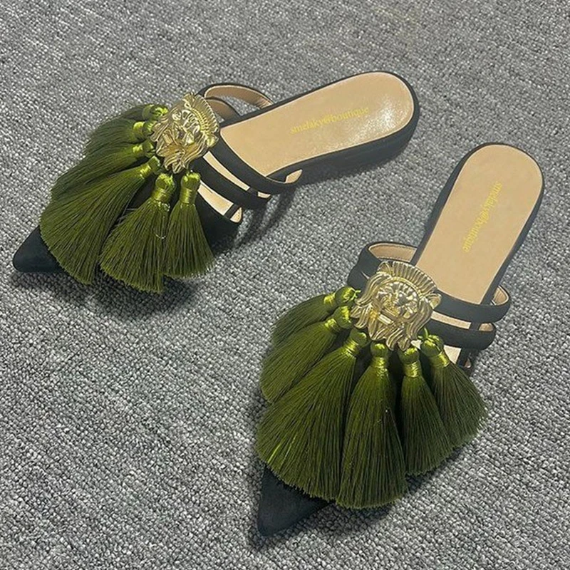 Zapatillas de tacón bajo con tira y borlas punteadas para mujer - Estilo de otoño 2023 — imagen 1