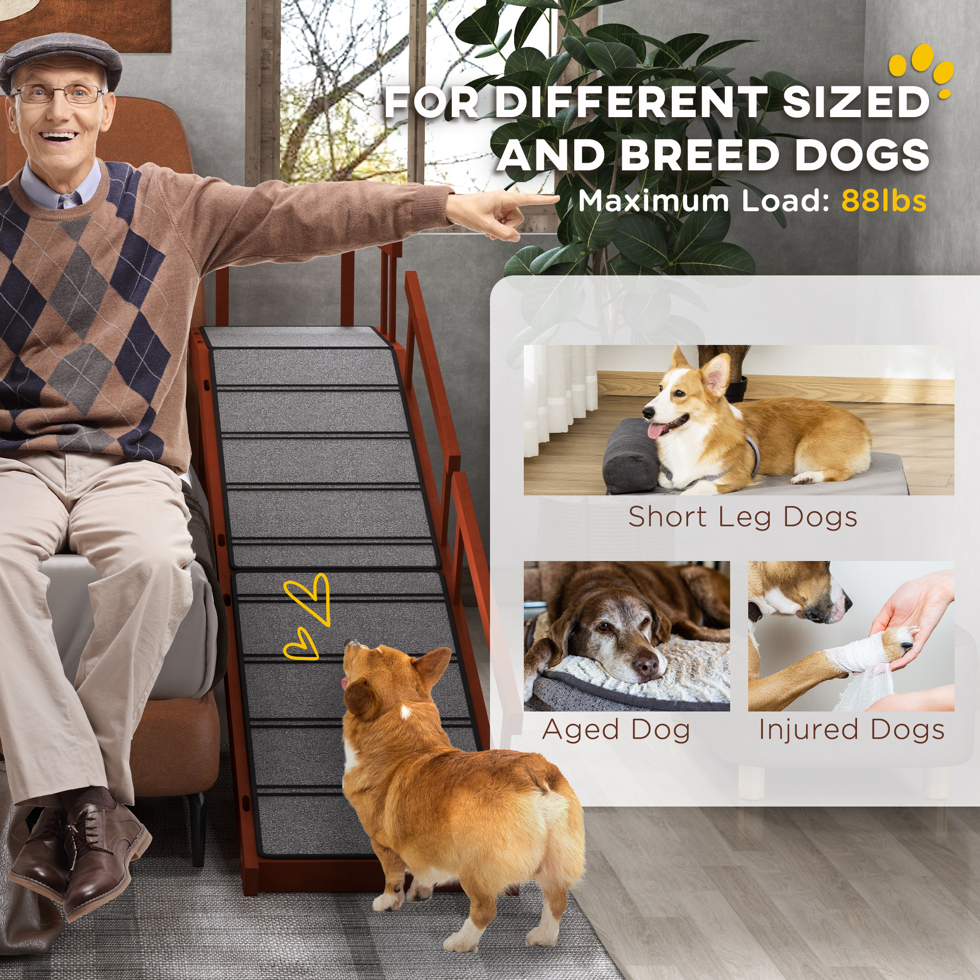 Wooden Dog Ramp with Removable Guardrails, Non-Slip Surface, 73" Long, Brown — imagen 6