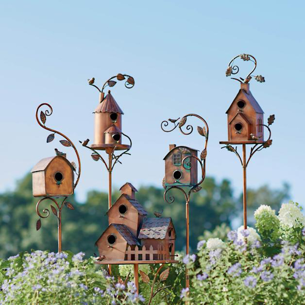 Casa de Pájaros en Metal con Palo Casa de Artista de Metal Cabaña para Colibrí Decoración de Jardín — imagen 4