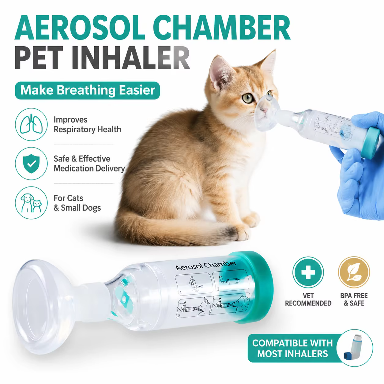 Alergias Respiratorias para Mascotas: Inhalador Espaciador con Indicador de Respiración y Máscaras de Silicón para Perros y Gatos — imagen 1