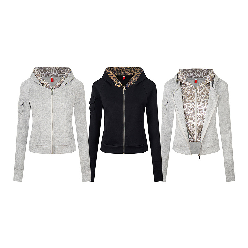 Fake two leopard print hooded slim fit short jackets — image 4