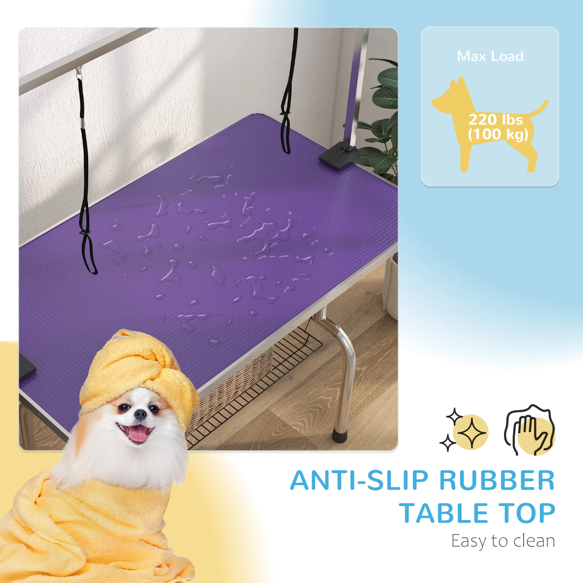 Adjustable Dog Grooming Table with 2 Safety Slings, Storage Basket, Purple — image 6