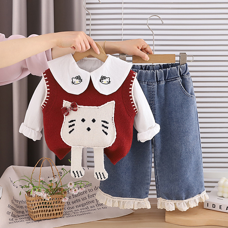 Girls Cat Pattern Sweater Vest Shirt Pants Set — image 1