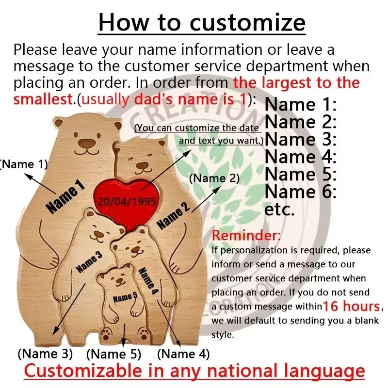 Personalized Wooden Art Bear Puzzle for Families Free Customization Name Family Anniversary Holiday Warm Gift Home Decoration — image 5