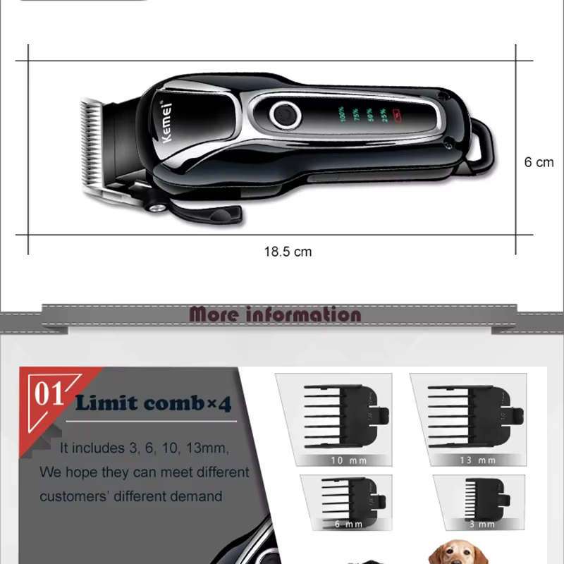 Kemei Rechargeable Professional Dog Hair Trimmer for Cat Cutter Grooming Machine Hair Remover Animal Hair Clipper for Pet — image 4