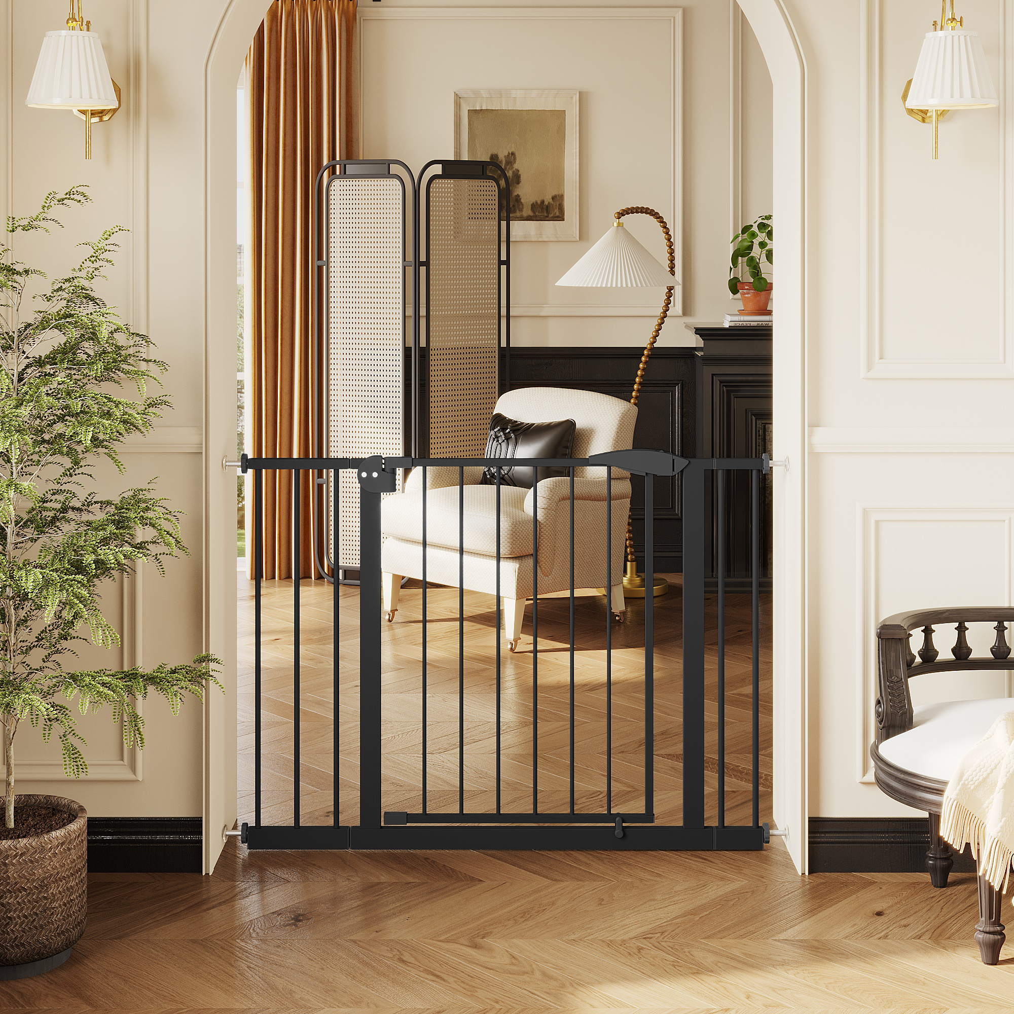 29.5-44.1 Wide Baby Gate For Stairs, Dog Gate Indoor For Doorways, No Drilling Pressure Mounted Pet Gates For Kids, Easy Walk Through Safety Gate, Black — imagen 2