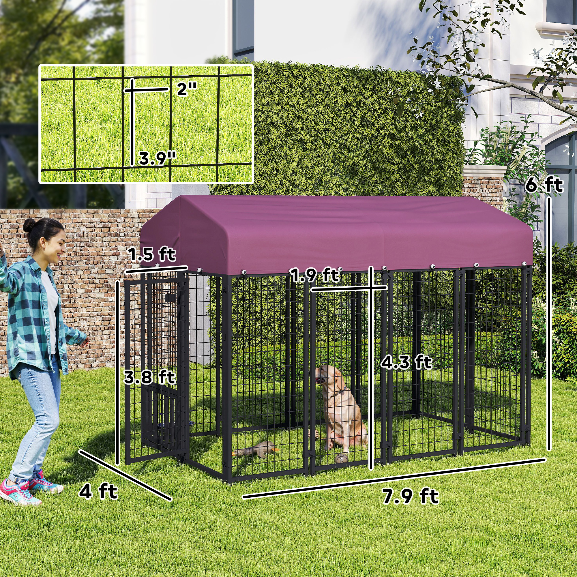 Welded Wire Outdoor Dog Kennel With 360° Rotating & 4 Levels Adjustable Bowls, Waterproof Cover, 7.9' X 4' X 6' — image 3
