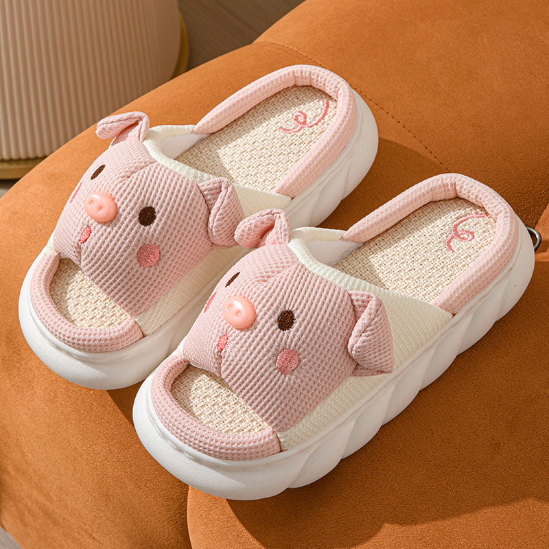 Zapatillas de Cerdo Adorables con Dedo Abierto en Lino para Hogar, Zapatos de Pareja para Mujer y Hombre con Diseño de Cerdo — imagen 6