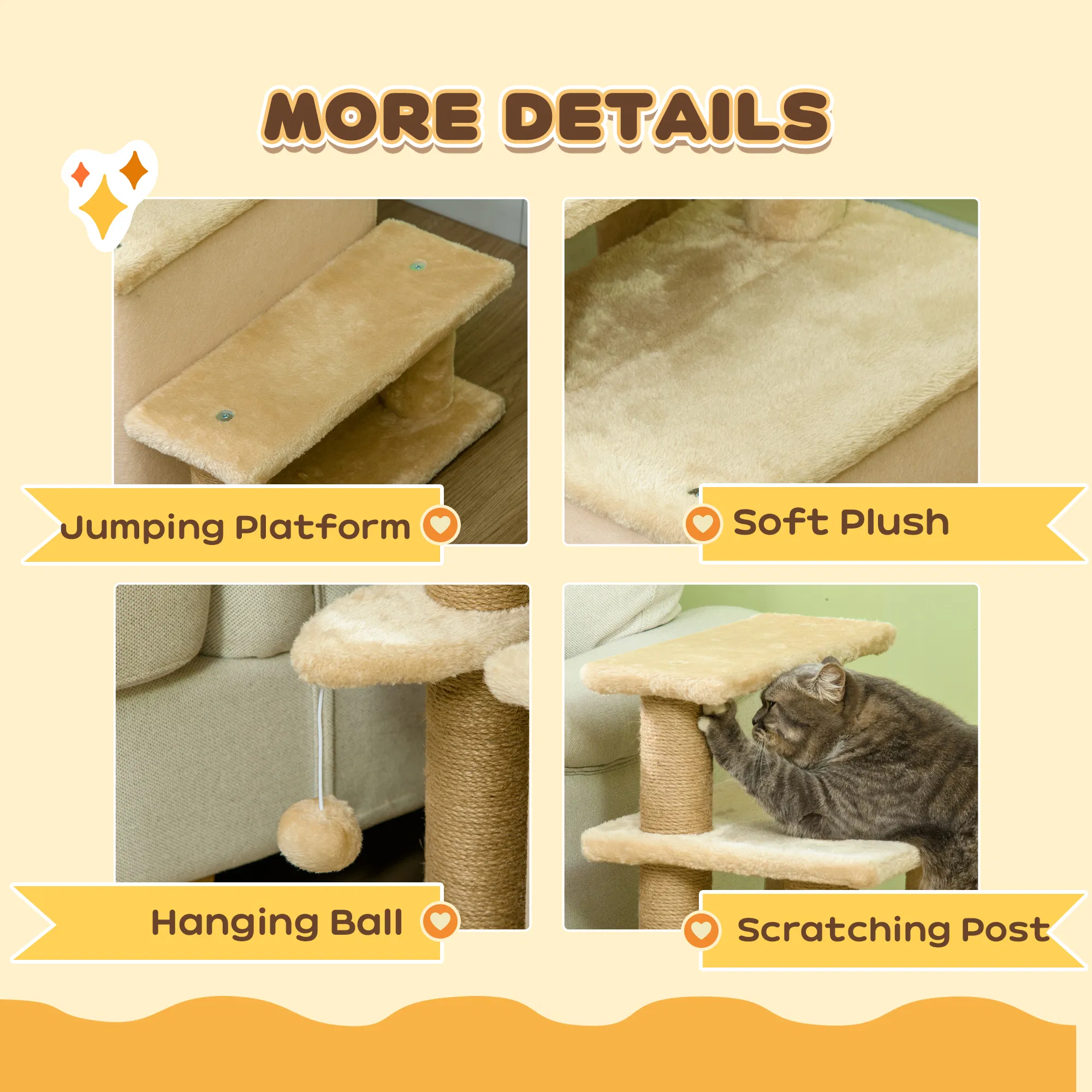 Cat Stairs Pet Steps for Couch Bed with Scratching Posts Condo Ball Toy, 23.6" x 15.7" x 26", Beige — image 2