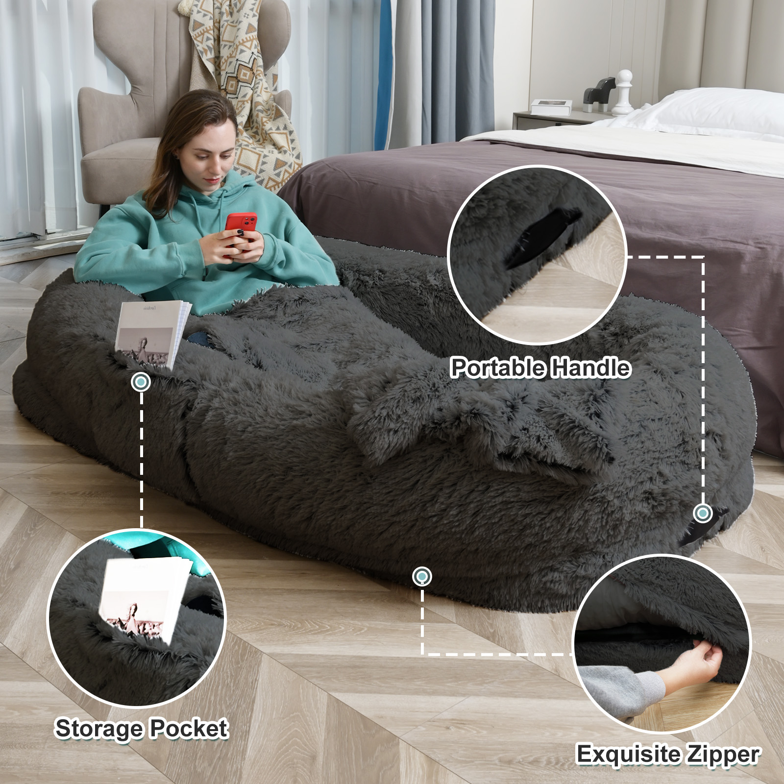 Cama para Humanos y Mascotas - 63'' x 31.4'' x 9.5'' Caja de Descanso con Felpa Sintética Lavable, Soporte Óptimo, Incluye Almohada &amp; Edredón — imagen 8