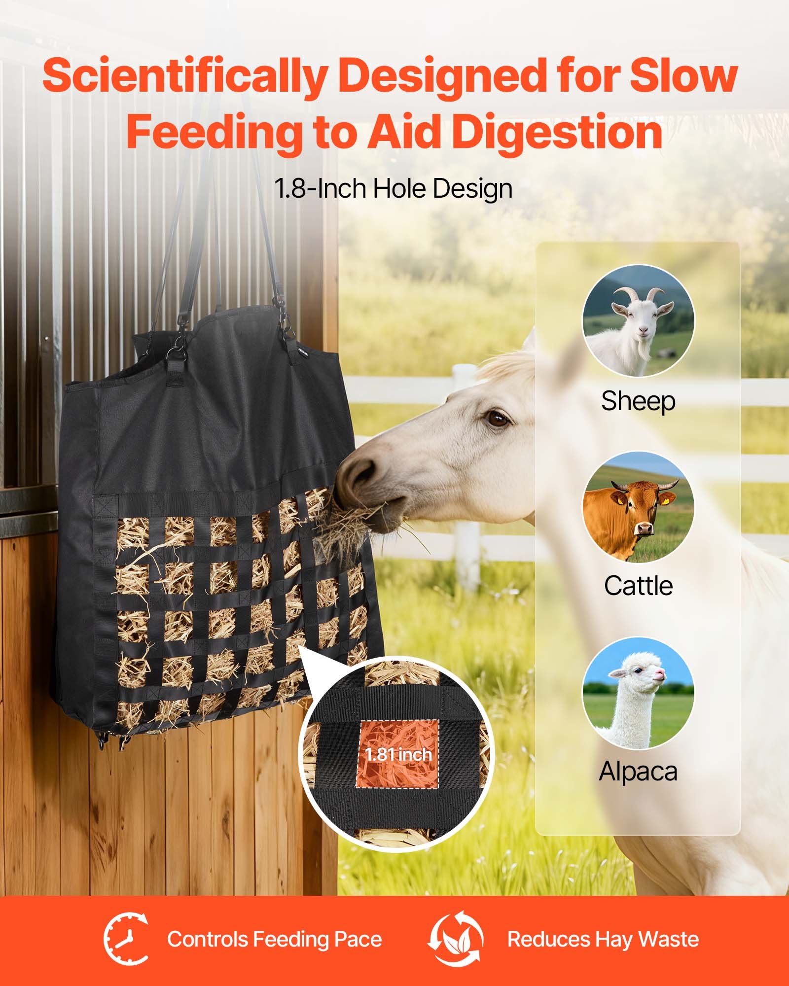 Hay Bag For Horses, 21.65 X 7.28 X 25.2 In, 1.81 X 1.81 In Holes, Premium Nylon Construction With PVC Waterproof Coating, Adjustable Hanging Straps And Metal Hooks, Slow Feed Hay Bag For Horses — image 4
