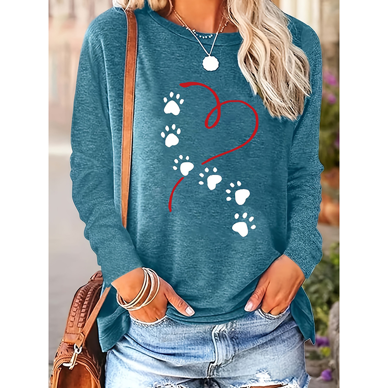 Camiseta de Mujer con Gráficos de Corazón y Huellas de Perro: Top Cozy para Primavera y Otoño — imagen 7