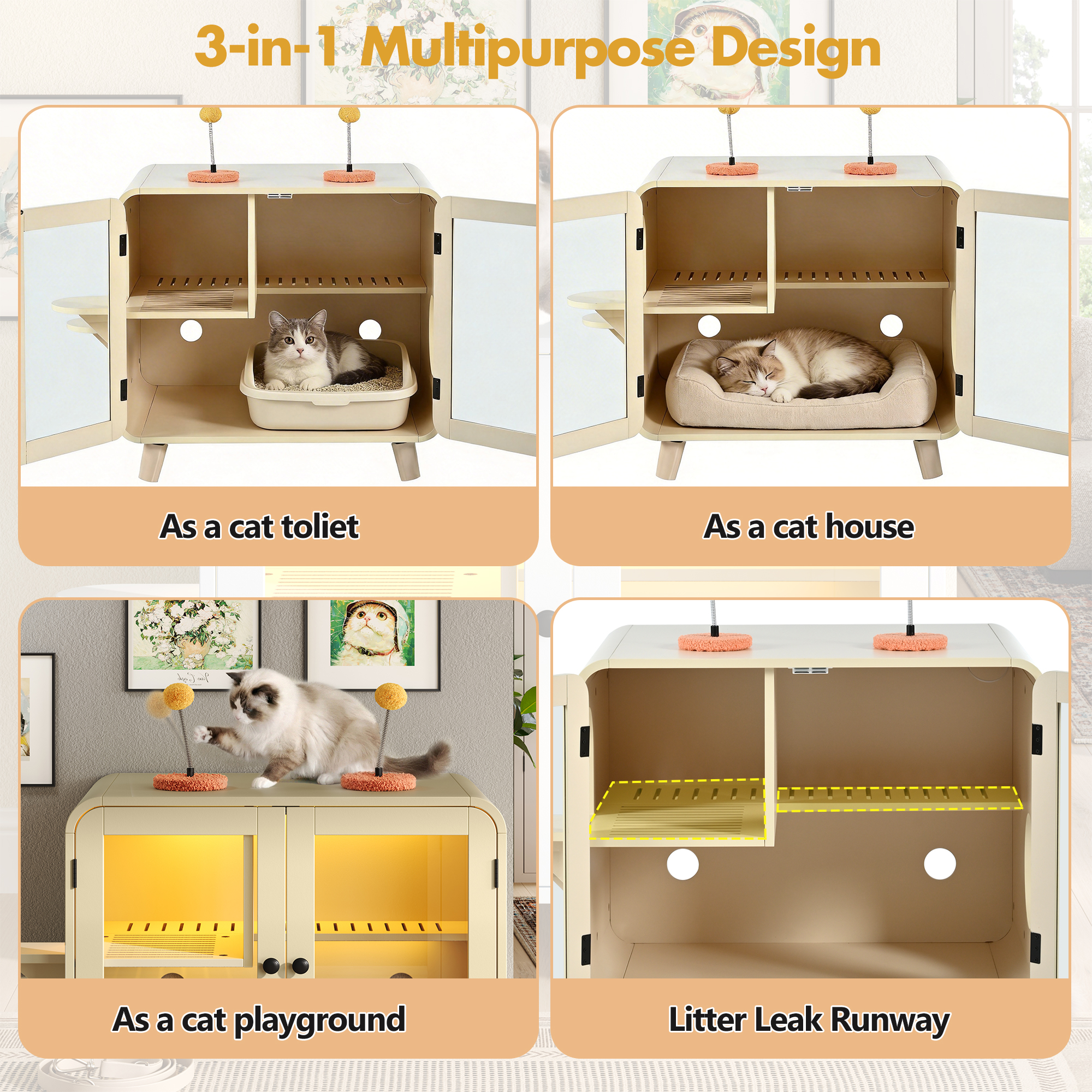 Cat Hidden Litter Box Enclosure With RGB LED Light, Cat House With Stairs And Cat Pom-pom Toys For Fun, Cat Washroom Cabinet With Litter Leak Walkway And Glass Doors For Better View, Beige — imagen 3