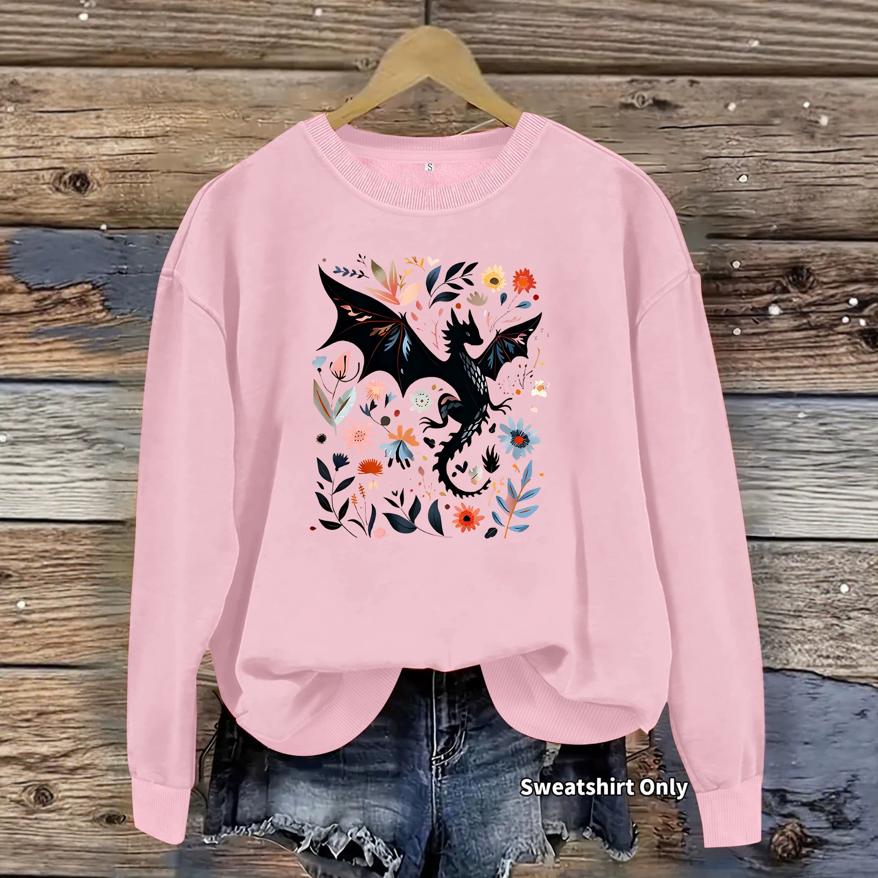 Dragon pattern and floral print round neck fleece hoodie — image 5