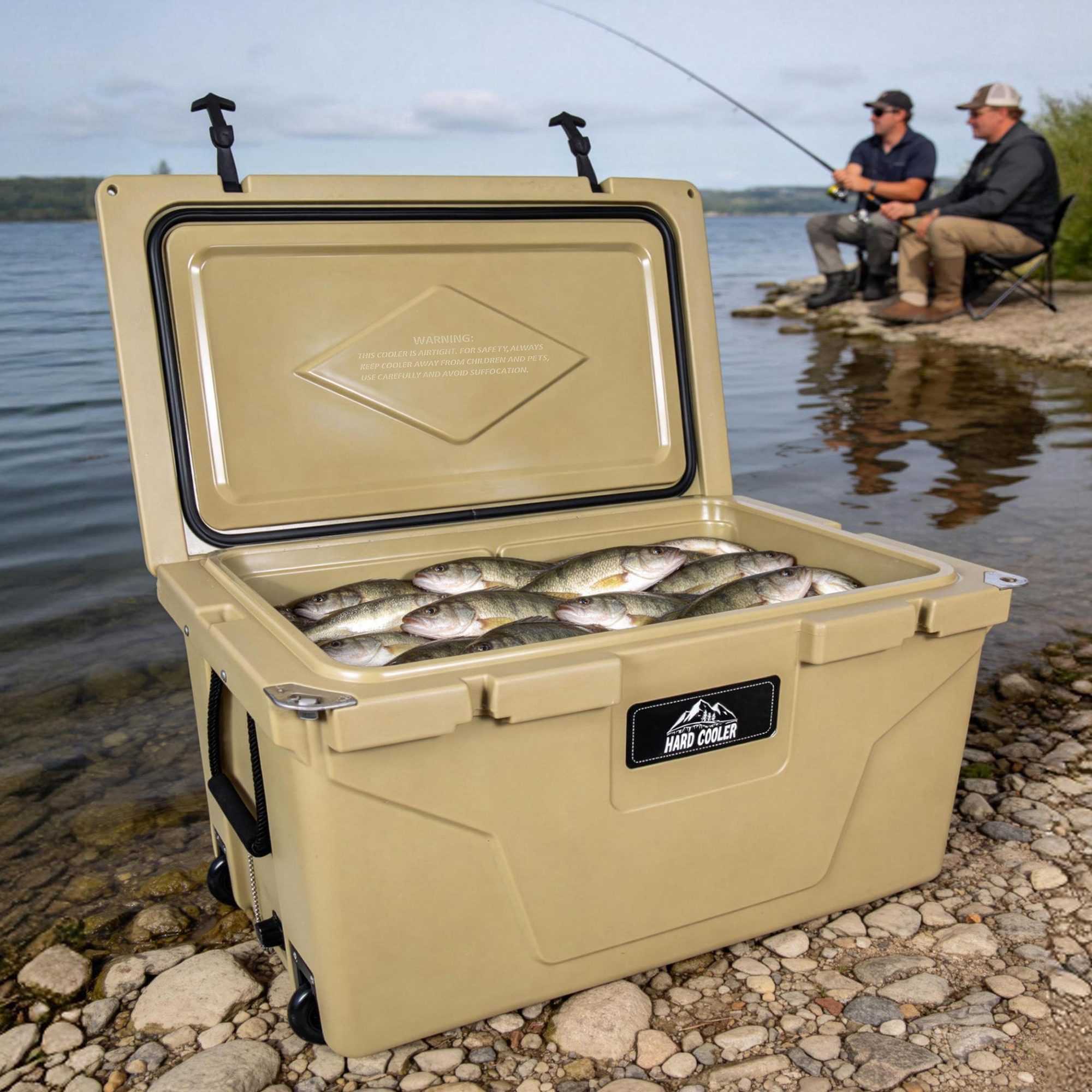 110 Litros Cooler Khaki, Caja de Hielo Rotomoldada con Aislamiento para 6-10 Días - Reserva Pesada de Concha Dura para Camping, Pescar, Fiestas en el Estacionamiento y Aventuras al Aire Libre — imagen 2