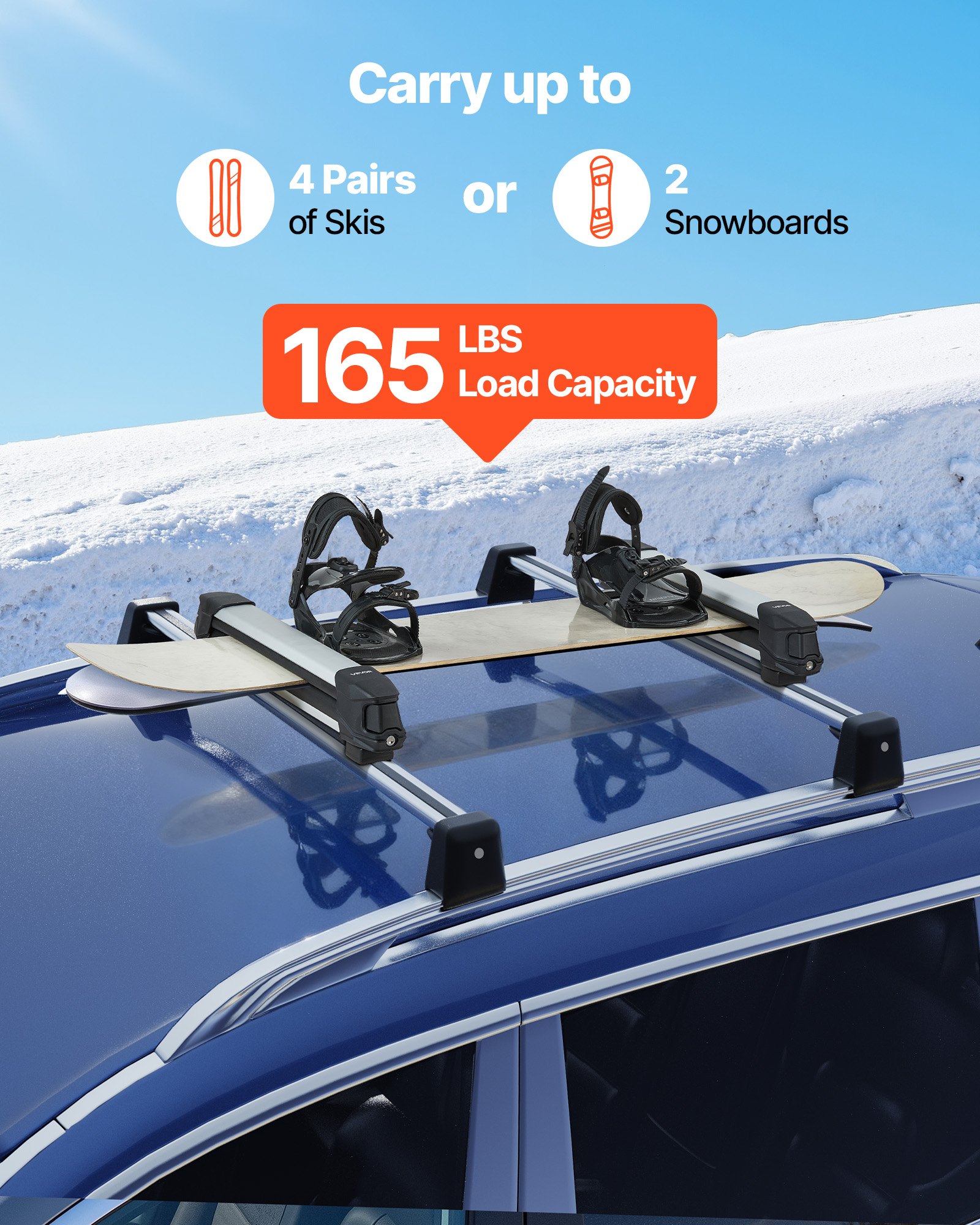 Sistema de Transporte para Esquí y Snowboard en Techo: Lleva hasta 4 Pares de Esquis o 2 Tablas de Snowboard, Soporte Universal de Aluminio con Cerradura y Aislamiento de Goma — imagen 4