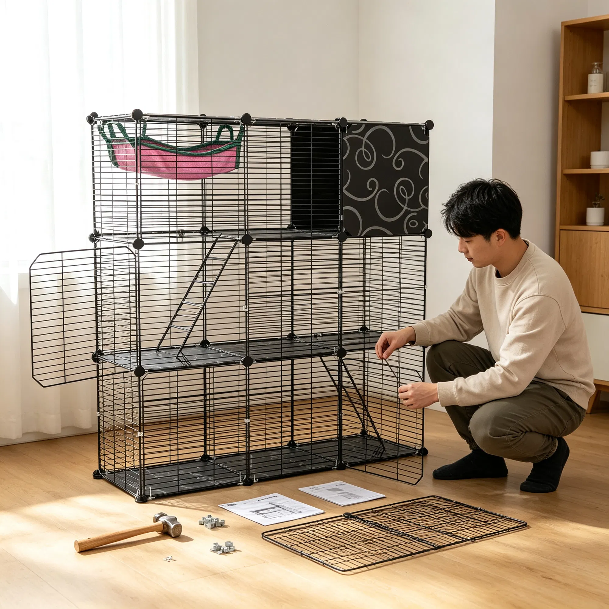 3-Level Metal Cat Cage Enclosure, Modular Pet Habitat with 3 Doors, 2 Ladders, Plush Hammock and Toy Ball for Small Indoor Animals — image 10