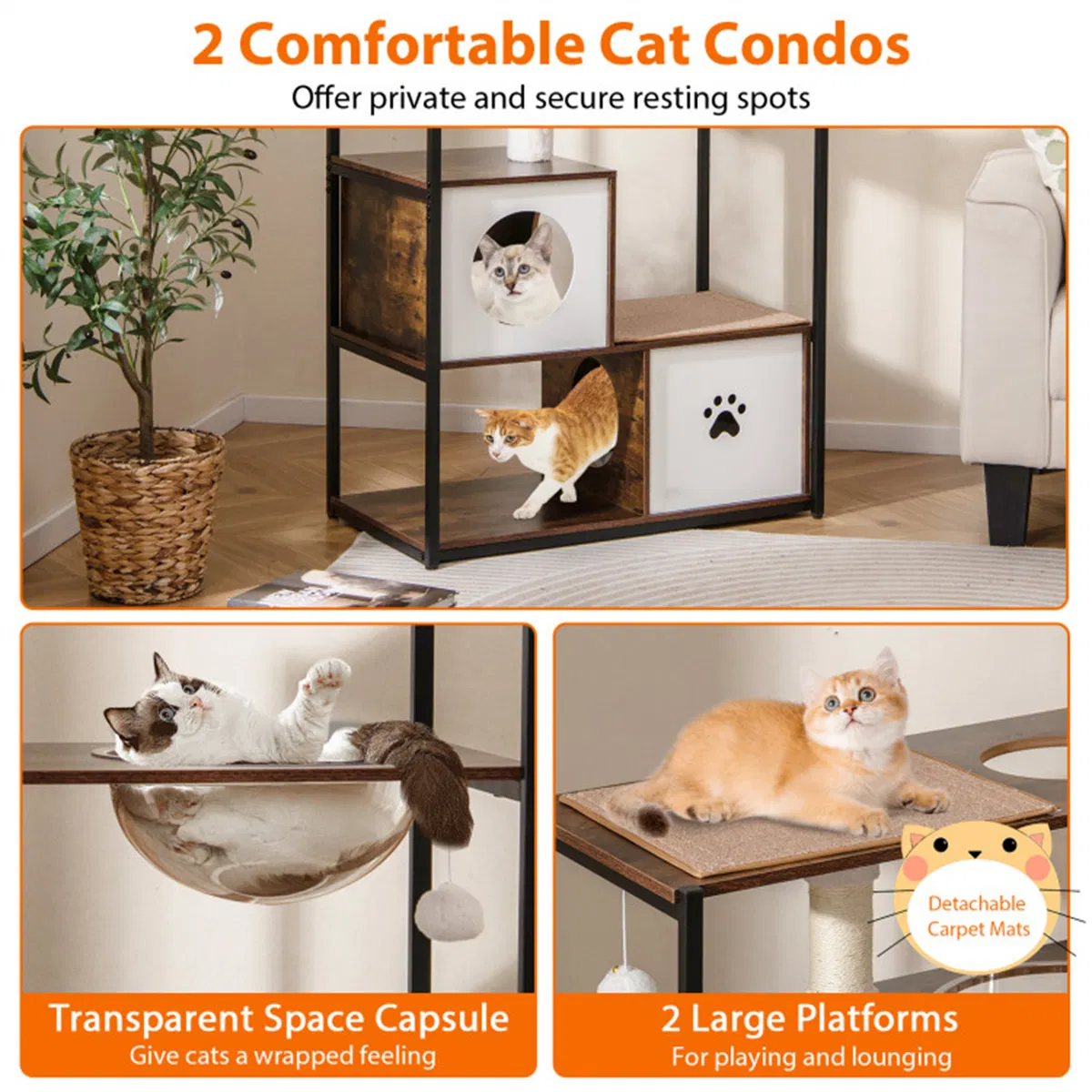 Stylish Wood-Metal Cat Tree - 33 lbs Per Layer Capacity, 2 Private Condos + 2 Relaxation Platforms, Complements Room Decor — image 4