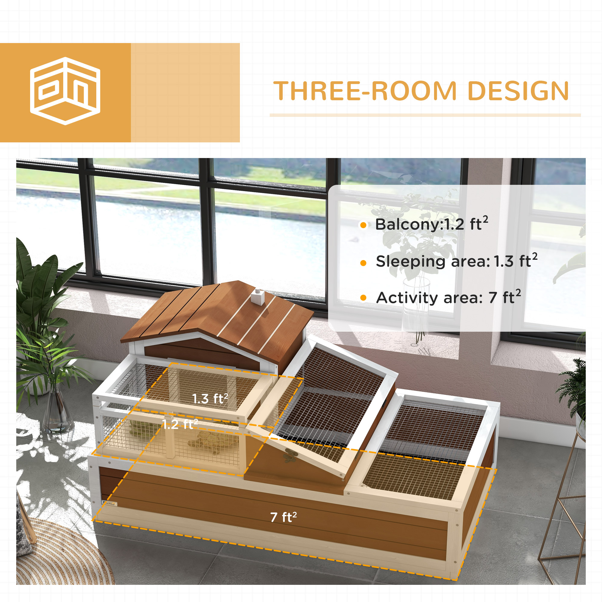 3-Room Tortoise Habitat House W/ Balcony & 2 Stories, 44" X 25.5" X 25", Coffee — imagen 4