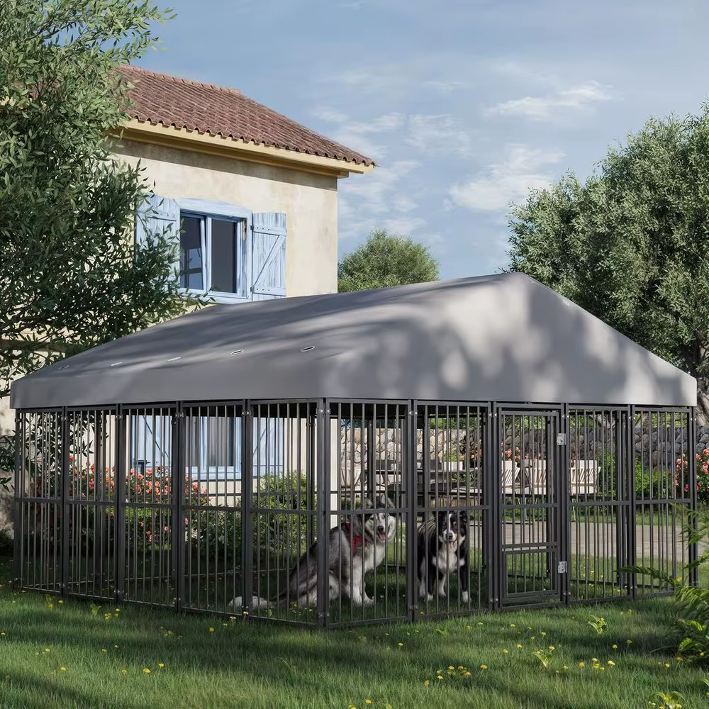 Durable 10x10ft Outdoor Dog Kennel with Feeding Door, Roof, and Double Safety Locks — image 1