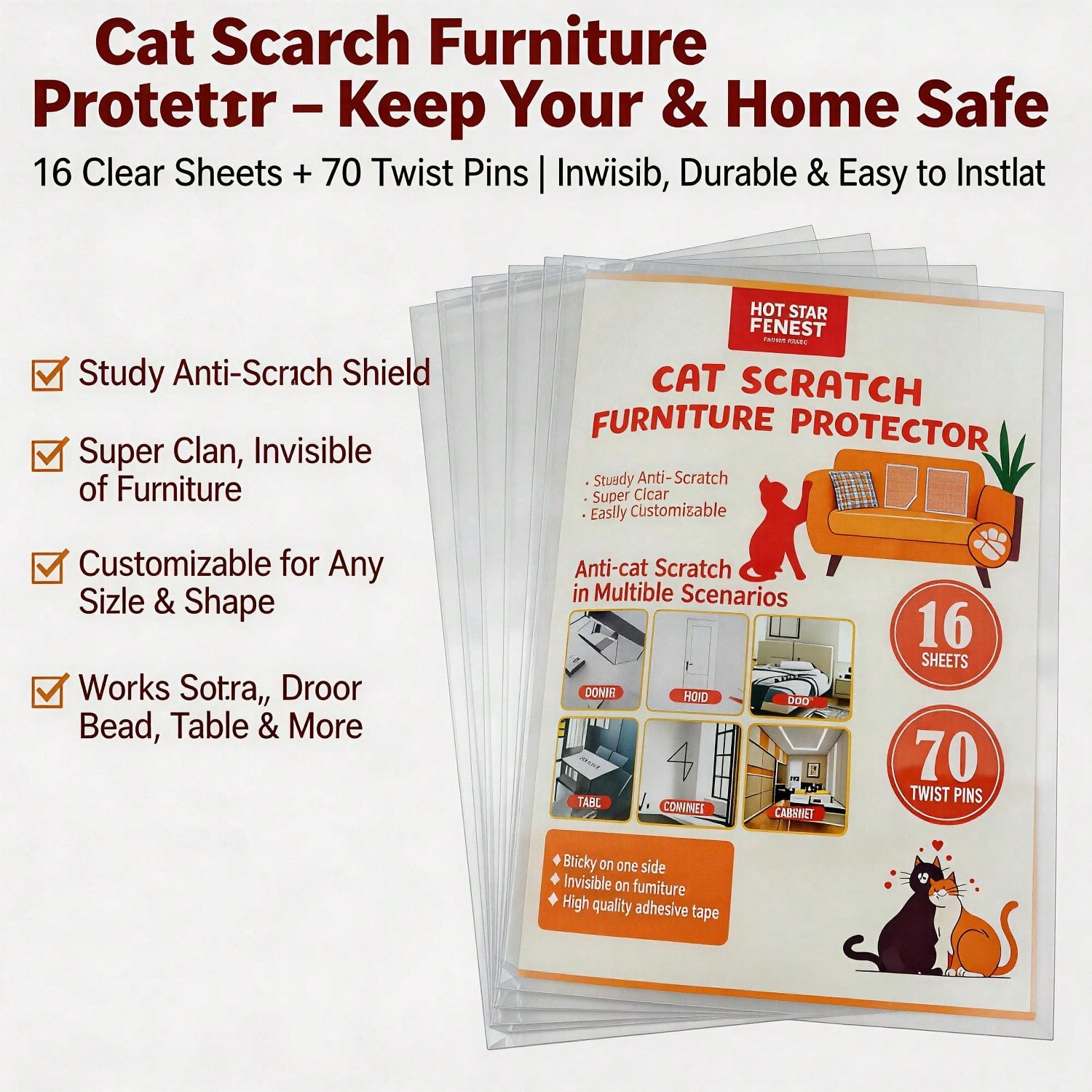 Kit de Protección para Muebles contra Garras de Gato - 16 Hojas Transparentes con 70 Broches Twist — imagen 1