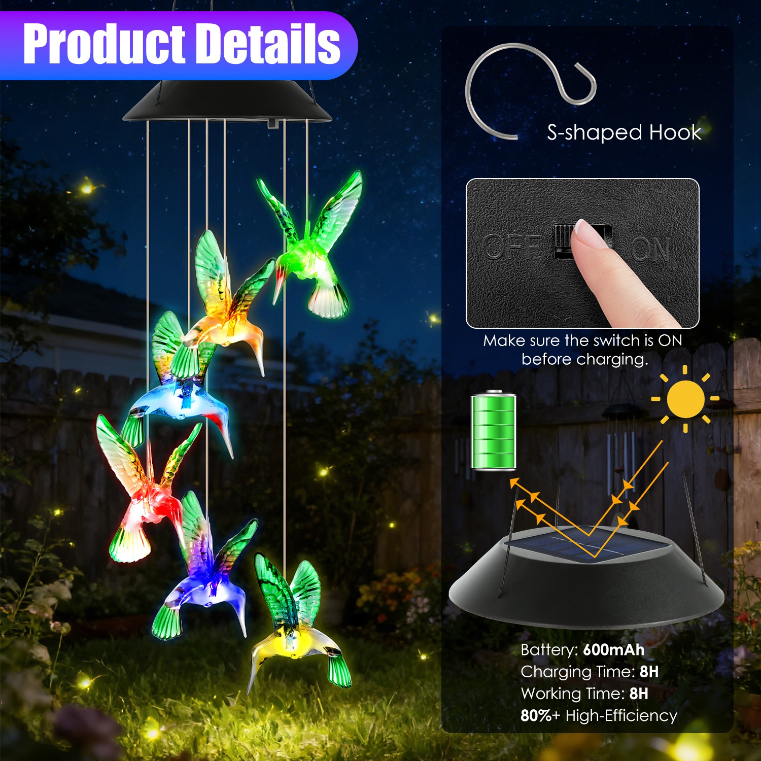 3Pack Solar Hummingbird Butterfly Dragonfly Wind Chimes 7 Color Changing Wind Chime For Outside IPX4 Waterproof Outdoor Garden Yard Decor — image 7