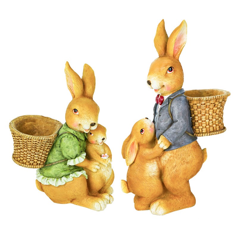 Rabbit flower vat resin cute sculpture garden decorations — image 1
