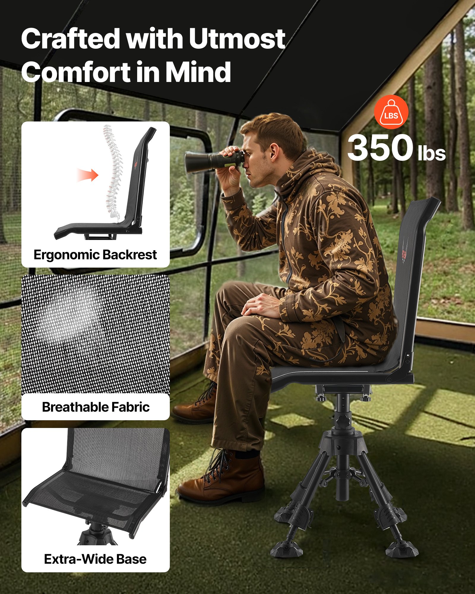 Silla de Caza Silenciosa 360°, Asiento Plegable Portátil con Cadena de Sujeción para Pesca y Camping — imagen 4