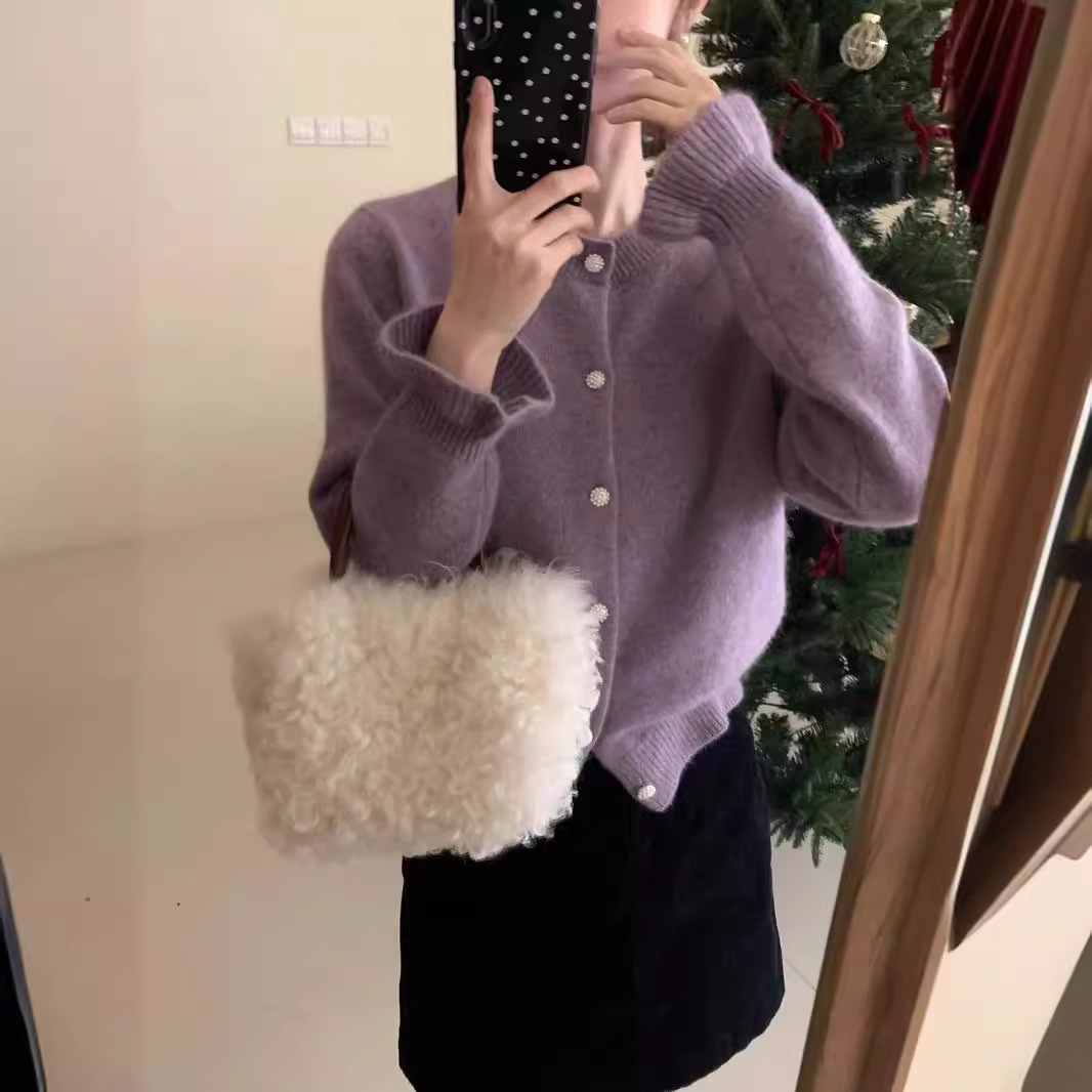 Women's Raccoon Plush Round Neck Cardigan - Purple Bud Sleeve Lightweight Knit Sweater Top — image 5